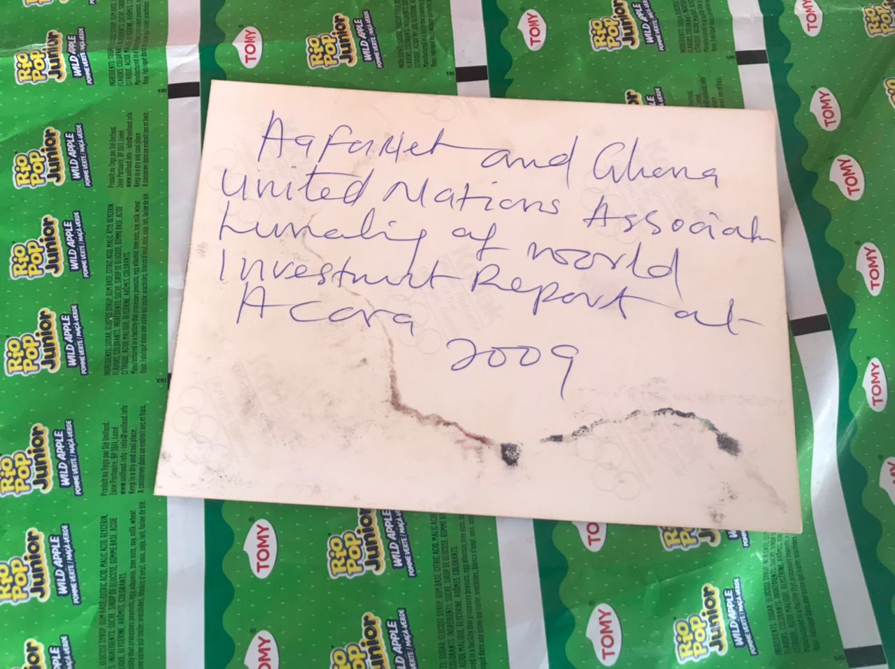 Handwritten note identifying a Lunely 1 AAFANET project at Dodowa in 2010.